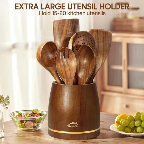 Wooden Kitchen Utensil Set 8 Pcs – Teak Cooking Tools with Holder Nonstick