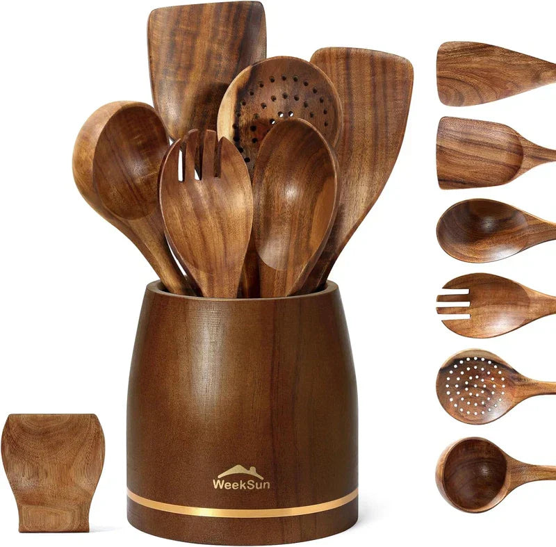 Wooden Kitchen Utensil Set 8 Pcs – Teak Cooking Tools with Holder Nonstick